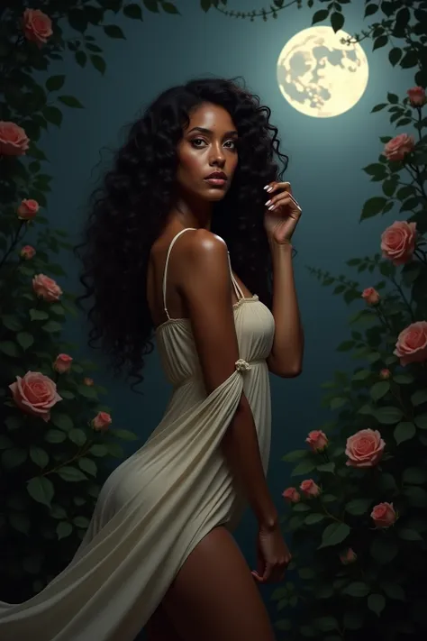 A stunning woman with dark, long, curly hair stands under the light of a full moon, surrounded by a lush garden of roses and vines. She is nude with soft skin, the fabric flowing around her as if alive. The moonlight catches the soft texture of her dress, ...