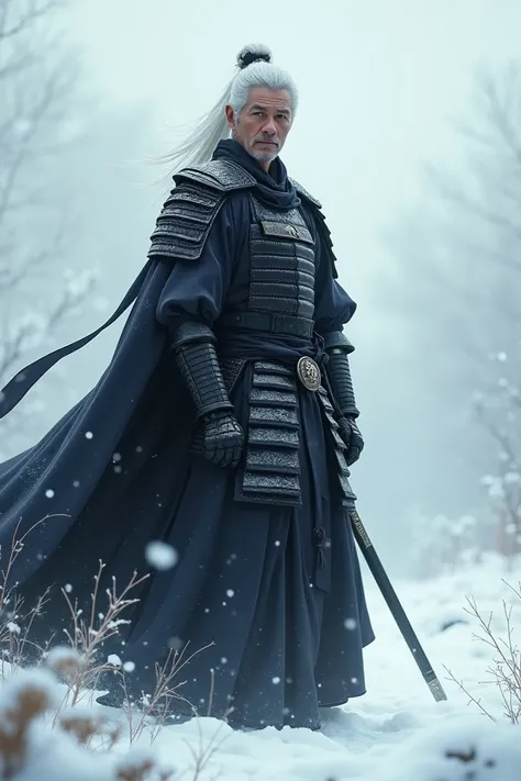 a samurai in black in the snow with white hair and blue eyes 