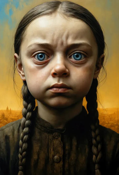 painting of Greta Thunberg, 30 years old, dystopian, creepy, nightmare, disturbing, creepy, gloomy, rotten, by zislaw beksinski