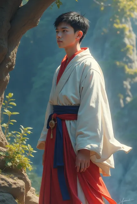 A 20-year-old monk in a white-blue-red robe with a beautiful appearance and good-looking facial features