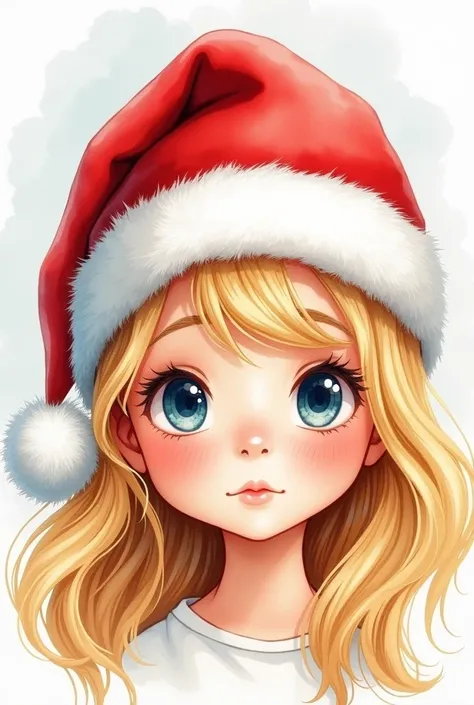 vu de prêt sur le visage denfant fillette blonde, From the front with Christmas hat  , realistic watercolor style