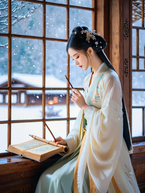  Extremely long-distance lens, A beautiful girl, Perfect face, Pretty Face, Wearing traditional silk dress, Standing oncient soft scroll with golden ancient texts, Zen style, Bright Star, Light and Shadow, Ancient White, epic, Extremely delicate brushstrok...