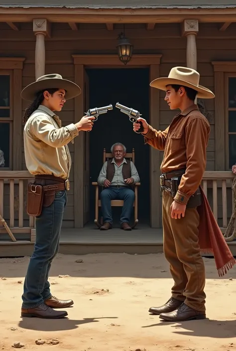 Masterpiece, Ultra-detailed, hyper realistic, a scene of the old Wild West, in front of a saloon, an epic duel between a young cowboys and a young Cheyenne Native American. Another older cowboy smoking cigar and the Cheyenne Native American chief are sitti...