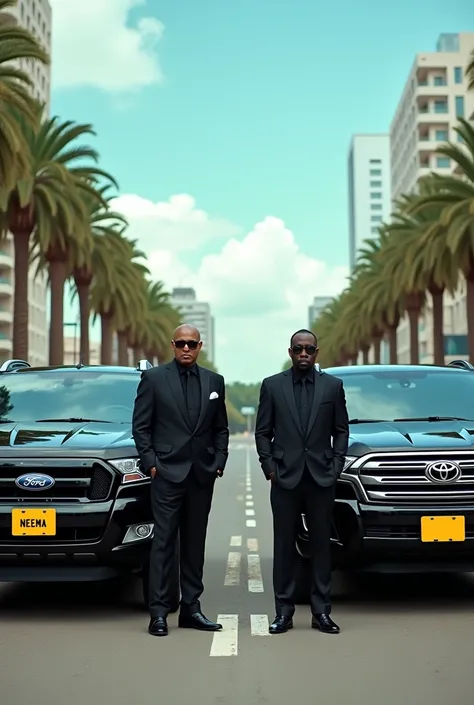 "A black Ford Ranger with a yellow license plate displaying the capital letters NEEMA parked next to a black Toyota Land Cruiser V8 with a blank yellow license plate. Four giant bodyguards in black suits and sunglasses stand confidently beside the vehicles...