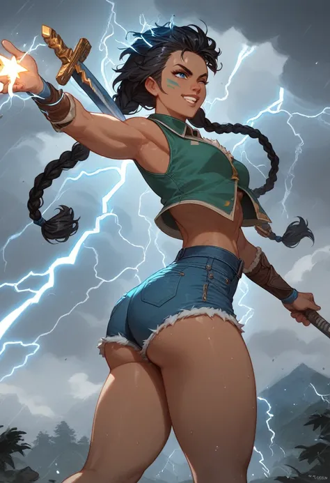 1 girl, brown skin, thick thigh, long waist,  big ass, small breast  , ATHLETIC BODY,viking,  black hair ,  braids in her hair , Storm, lightning storm, lightning around, lightning in the hands, lightning power, blue lightning, shorts jeans verde claro, gr...