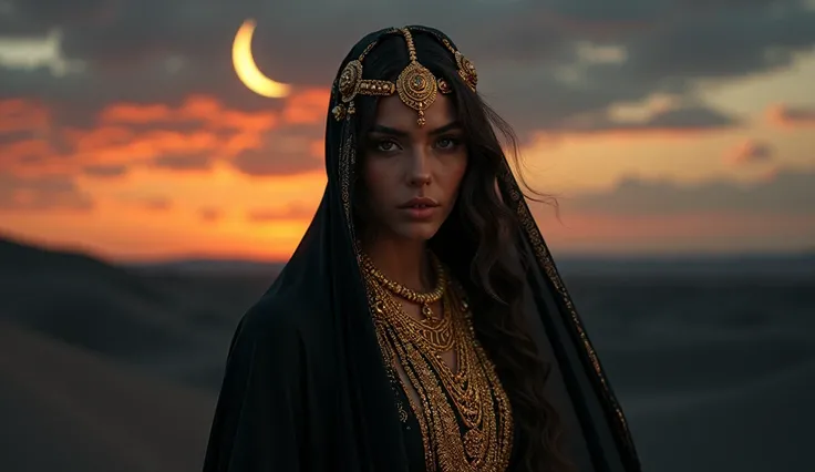 Une femme dans un désert de sable noir. Elle a un visage magnifique. Elle porte beaucoup de bijoux en or. Elle est vêtue d’une djellaba noir et les coutures sont dorées. Le ciel a des couleurs magnifiques. On y voit le croissant de lune 
L’image doit être ...