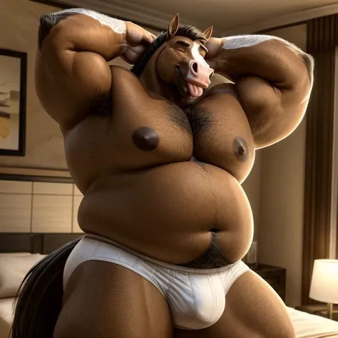 Big chubby, bara, furry fat, fat chest with a big moobs, anthropomorphic horse 50 years old daddy, wearing a underwear, eyes closed flexing the arm  while smile with wet tongue out, in a luxurious room. Make sure the resulting image is high resolution, 8K ...