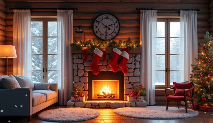  Christmas photo background in front, With snow falling outside ,  hanging fireplace with Christmas socks, garland, wooden walls and floor  , white curtains, with Christmas decoration 