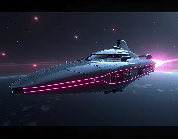 A futuristic, high-tech spacecraft shaped like a hyperballoid, with sleek metallic curves and vibrant neon accents, inspired by the retro-futuristic styles of Syd Mead, the sleek minimalism of Peter Saville, and the vibrant colors of Ash Thorp, set against...