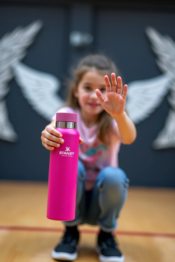 Girl taking a picture of her hands and feet holding her pink Stanley water thermos in her left hand with black tennis vans on stage gym winged with small weights 