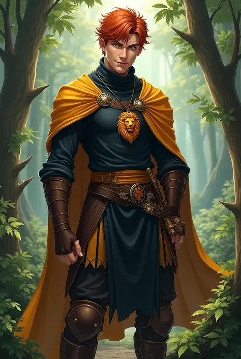 A 24-year-old white male, warrior,  with coppery red hair ,  dark blue eyes and a mischievous smile on his face .  He has a well-defined physical size ,  wearing a black garment covering his body and a golden robe around his shoulders. he is in a forest. I...