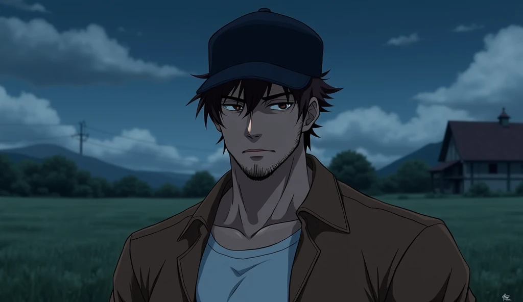 pretty anime face, with short dark brown hair, a shallow beard and dark eyes, muscular in a white shirt with a brown jacket and a black cap, outside under the night on a farm, Hair has to be very short