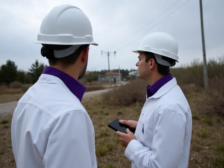 Create a realistic photograph of two white engineers in construction clothing with safety helmets monitoring an underground power line in Croatia. The helmet and some detail of the clothing can be dark purple