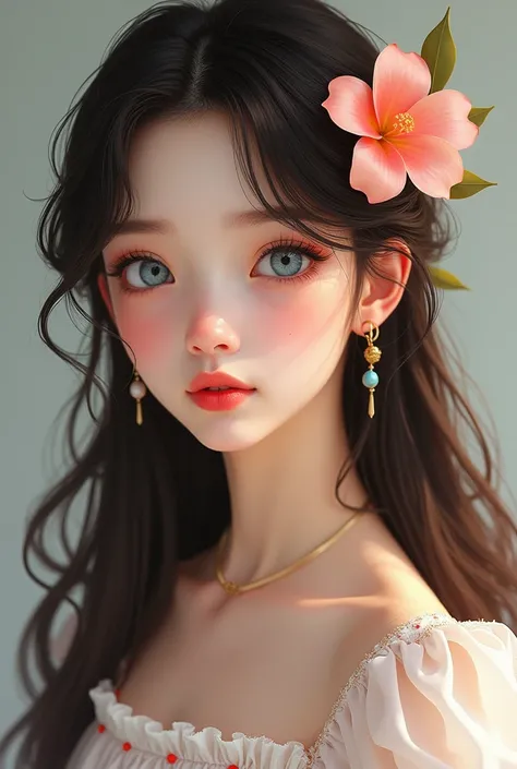 Make me a cute girl, wearing a good western dress, extra long dark brown hair,blue eyes,a frangipane flower in her hair,pink lips for good looking, simple earrings,nose pin.