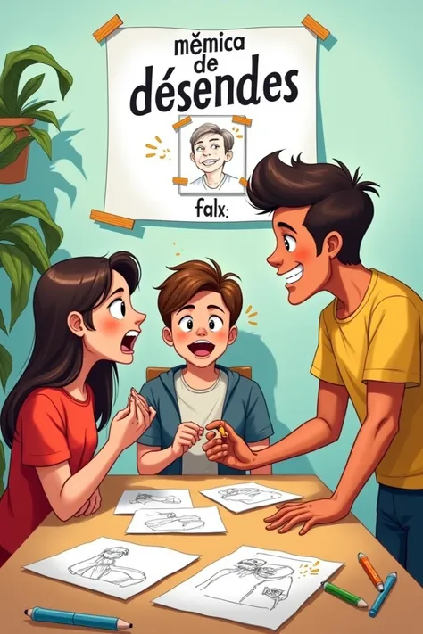 A vibrant illustration showing three players in action during the “Mímica do Desenho” game:
	•	Player 1 sits facing forward with a curious expression, unable to see what’s happening behind them.
	•	Player 2, positioned behind Player 1, energetically perfor...