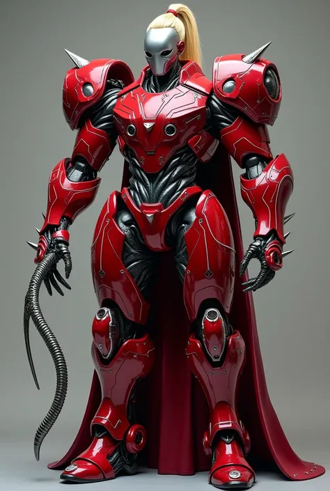 Supervillain robot man ,  silver metal head  ,   with blond hair tied in a ponytail ,   heavy red armor with white details  , with a silver metallic whip sticking out of the palm of your hand,  full body view 