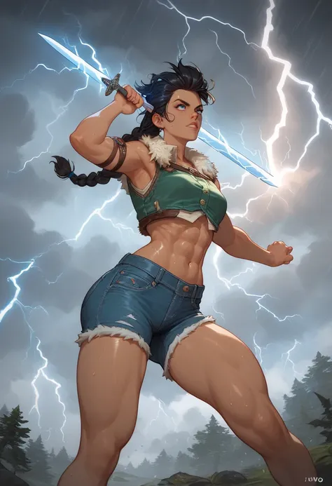 1 girl, brown skin, thick thigh, long waist,  big ass, small breast  , ATHLETIC BODY,viking,  black hair ,  braids in her hair , Storm, lightning storm, lightning around, lightning in the hands, lightning power, blue lightning, shorts jeans verde claro, gr...