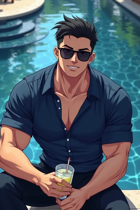 Make me an image of a handsome young adult man with short black hair wearing a navy blue blouse while sitting next to a pool with water with black sunglasses over his eyes while drinking a cool drink showing off his strong body (anime version) 