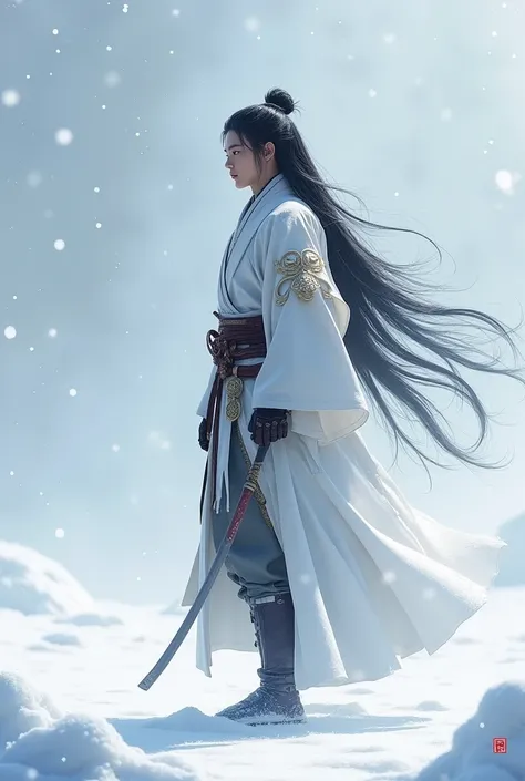 A samurai young man in white and long black hair in the snow 