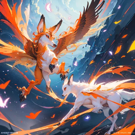 A majestic winged fox-like creature, (1 fox-like flying pokemon, 4 legged, long tail, small wings on head, orange, blue and white color palette), (best quality, 4k, 8k, highres, masterpiece:1.2), ultra-detailed, (realistic, photorealistic, photo-realistic:...