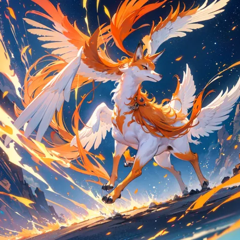 A majestic winged fox-like creature, (1 fox-like flying pokemon, 4 legged, long tail, small wings on head, orange, blue and white color palette), (best quality, 4k, 8k, highres, masterpiece:1.2), ultra-detailed, (realistic, photorealistic, photo-realistic:...