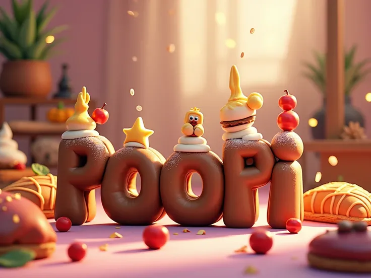  Create a poster with letter-by-letter writing " POOPI "En FRANÇAIS ET EN majuscule.  In a Disney 4D style .  The writing must be clearly visible .
 Theme ultra réaliste, détaillé et mignon of food.