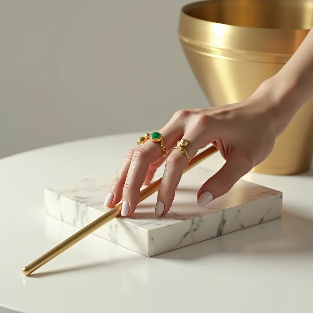 white marble base ,  using a handmade Tibetan gold bowl viewed from above , minimalist image, uma mão feminina de realistic texture de pele branca,  wearing a gold emerald ring holds a gold drumstick with a spherical tip, minimalist image, realistic textur...