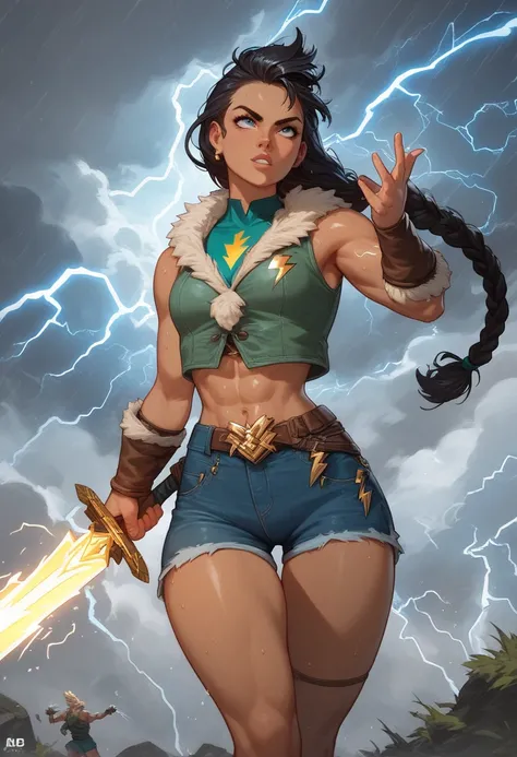 1 girl, brown skin, thick thigh, long waist,  big ass, small breast  , ATHLETIC BODY,viking,  black hair ,  braids in the hair, Storm, lightning storm, lightning around, lightning in the hands, lightning power, blue lightning, shorts jeans verde claro, gre...