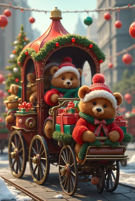 image of a Christmas traffic and mobility carriage ,  that includes little bears with Christmas hats driving carts and with gifts 