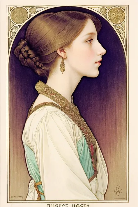 poster with the face of a beautiful young woman in profile. Mucha style , Renaissance style. elegant, Logo, with frame, beautiful, colorful, woman in profile,  head only ,  Beautiful woman, elegant, Renaissance woman , imagen with frame, Mucha style 