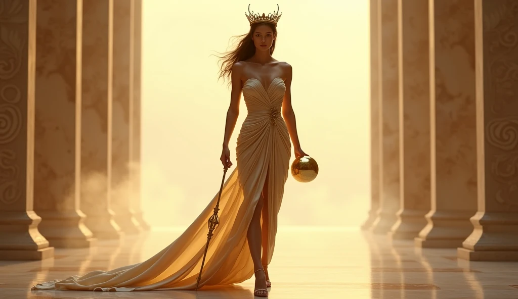 Hera struts down the ramp in a minimalistic, form-fitting gold dress that reveals her shoulders and arms, symbolizing her regal power. She wears a delicate crown atop her head and holds a golden scepter in one hand, signifying her sovereignty. In her other...