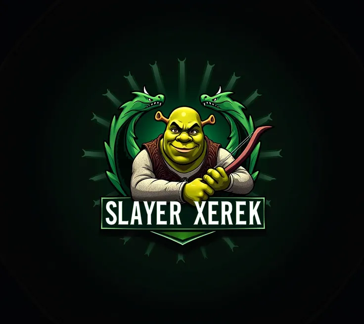  a gaming team logo , Close character Sherek holding a bow,  spelled Slayer Xerek in the image , dark image, Green dragon of rays around , darkness.