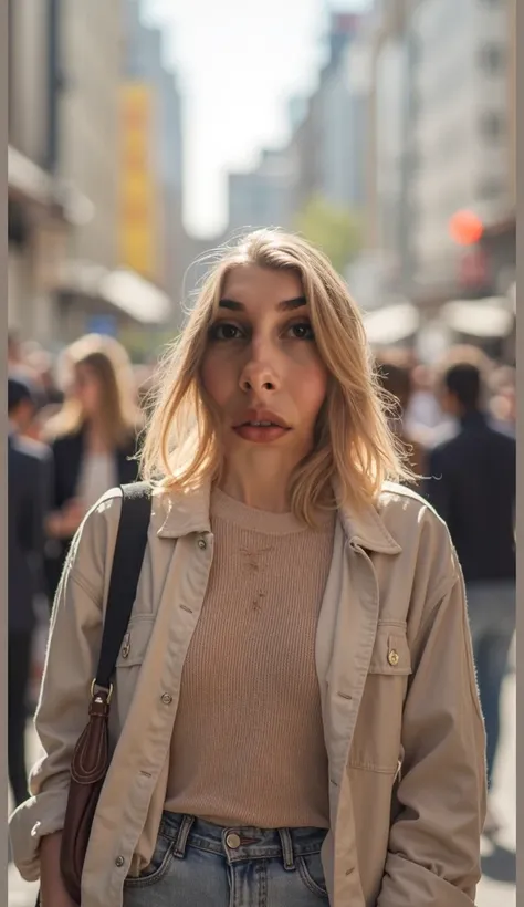 a caucasian lady standing in the middle of a crowded sidewalk 