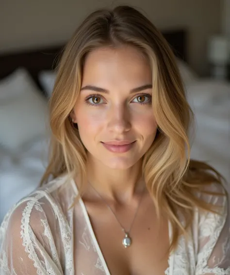 beautiful blond, brown eyes, take a selfie, selfie, at home, on her bed, wear a white lace shirt, smiling, half open your mouth, necklace and earring, quality realistic