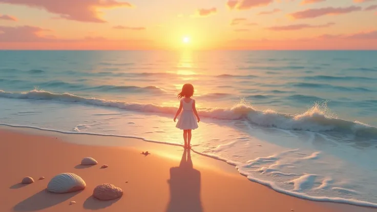 1 girl, A tranquil beach scene at sunrise, with soft waves gently lapping at the shore, surrounded by smooth golden sand and seashells. A distant horizon glows with warm colors, reflecting in the calm water, creating a serene and peaceful atmosphere




