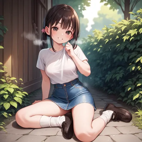 ,,sweating,blush,,looking viewer,,smile,, ,,steaming,sweating,slender ,loli,nature,,outdoor,,medium breasts,t-shirts,denim skirt,socks,shoes