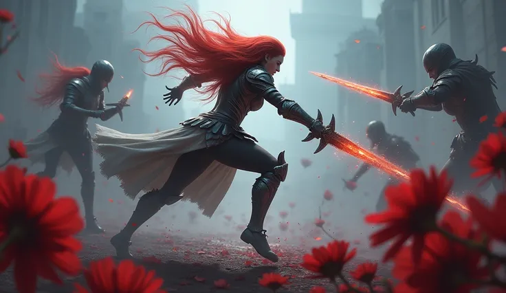 Imagine a dynamic action scene featuring Malenia, the Blade of Miquella, as she leaps into combat. Her Valkyrie armor glints in the dim light of the battlefield, where swirling mist and scarlet blossoms create a haunting backdrop. With her red hair trailin...