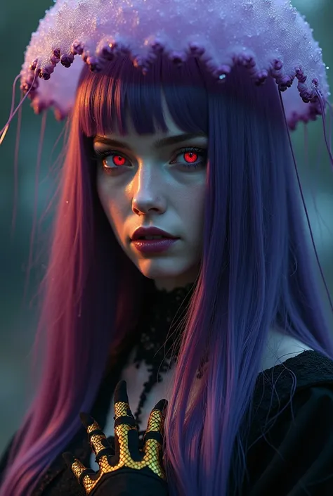 Woman, jellyfish, (feudal middle age:1.1), Slavic appearance, (long straight purple hair gradient pro red), (red eyes), (strong expression look), purple lipstick, fair skin, (black color gothic clothes with red details:1.1), yellow scales on the hands, cin...