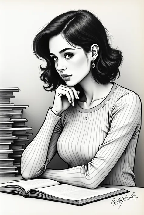 dessine moi une femme avec une tresse sur le côté, un pull rayé, et un air pensif. Elle est assise devant un fond où lon distingue des piles de livres ou de documents. Léclairage est en noir et blanc, ce qui donne une atmosphère classique ou vintage