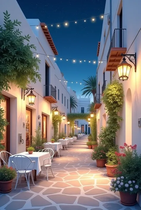 A charming narrow street at night ,  with white facades illuminated by warm lights from hanging lanterns , creating a welcoming atmosphere.  There are white tables with outdoor chairs ,  surrounded by plants and flowers in pots .  The setting has a Mediter...