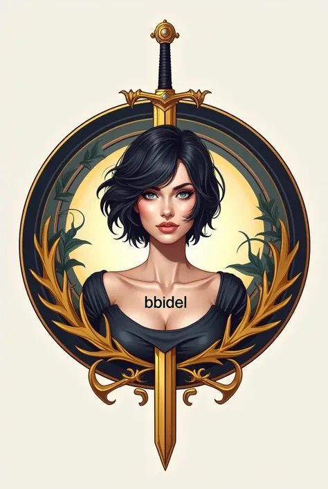 Create a circular logo of a beautiful woman with short hair and in the center that says Bbidel surrounded by golden swords
