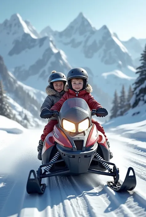 (photorealism:1.2) in the mountains , gear boy and girl on a snowmobile ,both wearing  