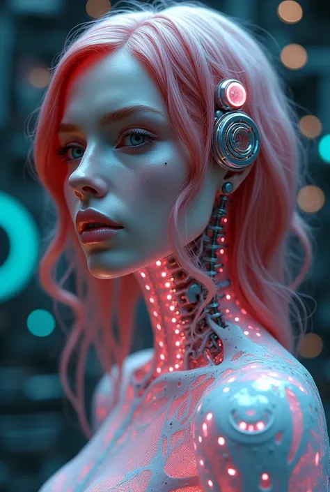 cyber beauty, highly detailed image of a biomechanical girl with a beautiful face, crimson hair. Her transparent glass and white porcelain skin reveals a network of intricate metals that form a stunning skeletal structure, catching the soft bioluminescent ...