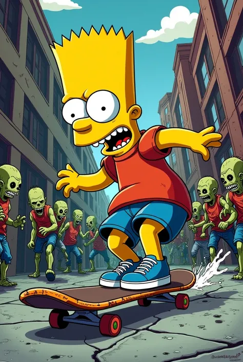 Retro T shirt design of Bart Simpson on a skateboard chased by zombies
