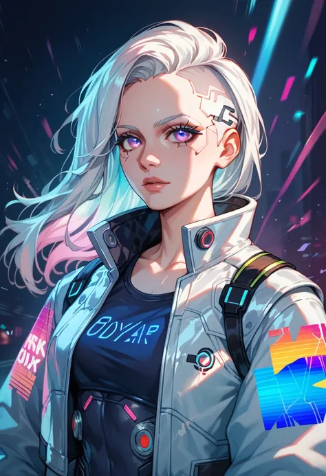 bold cyberpunk character with shoulder-length white hair and glowing violet eyes, dressed in a sleeveless metallic jacket with holographic trim, surrounded by glitch effects