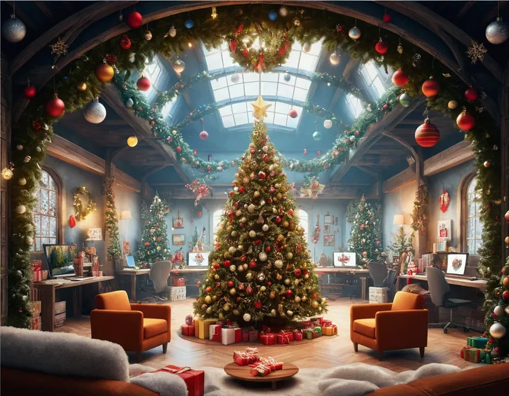 arafed room with a christmas tree and a lot of decorations, hyperrealistic symmetrical 8k, a hyper realistic, artstation hq”, extravagant matte painting, santas workshop, lavishly decorated, 4k highly detailed digital art, 8k stunning artwork, 8 k high det...