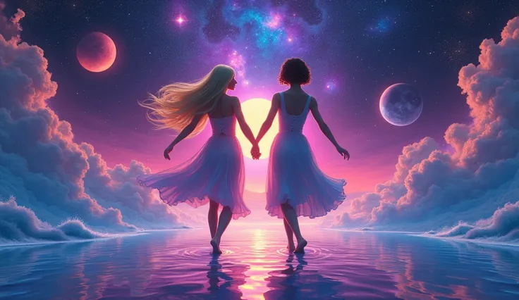 Between the stars and the sea with psychedelic disco lights Two adult blonde girls, one with long hair and one with bob hair, start dancing. 