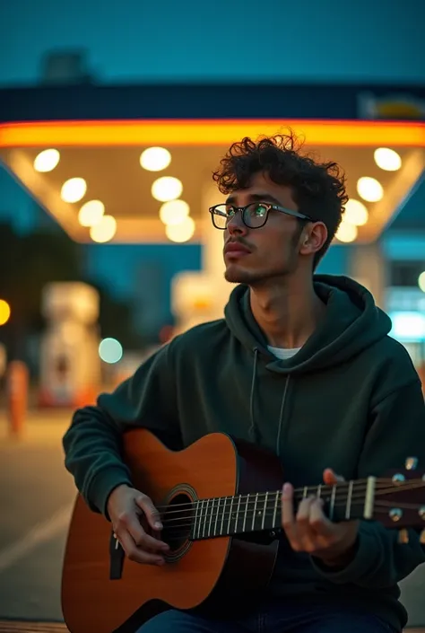 “A young adult sitting on a bench in the square in the evening, with a guitar by his side and a reflective look on his face. He has short curly hair, green eyes and wears small round glasses. In the background, an illuminated gas station in São Paulo, capt...