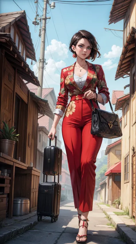 araffe woman with a suitcase and a bag walking down a sidewalk, style from greg rutkowski, elegant tropical prints, dries van noten, official prada editorial, red shirt brown pants, modern maximalist suit, official vuitton editorial, waring a hawaiian shir...