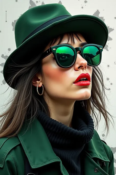 A striking contemporary painting captures the essence of a trendy woman in partial profile. She dons a fashionable beanie hat and bold, green-tinted glasses, accentuating her enigmatic expression. Her gaze locks with the viewer, eliciting intrigue. The bac...